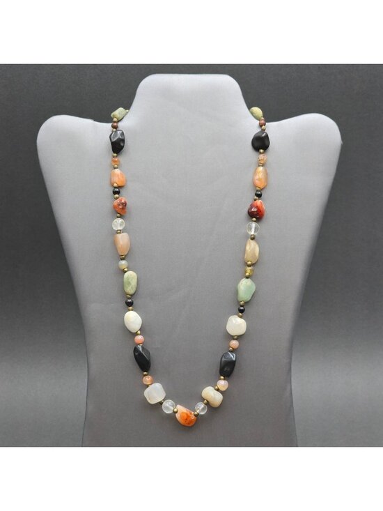 Unbranded Jewelry - Vintage Multi Gemstone Beggar Bead Necklace 20" Natural Stone Brass Accents